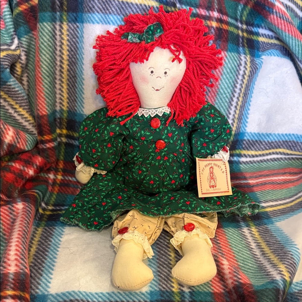 Handmade Green Holiday Raggedy Ann Rag Doll primitive Christmas decor farmhouse